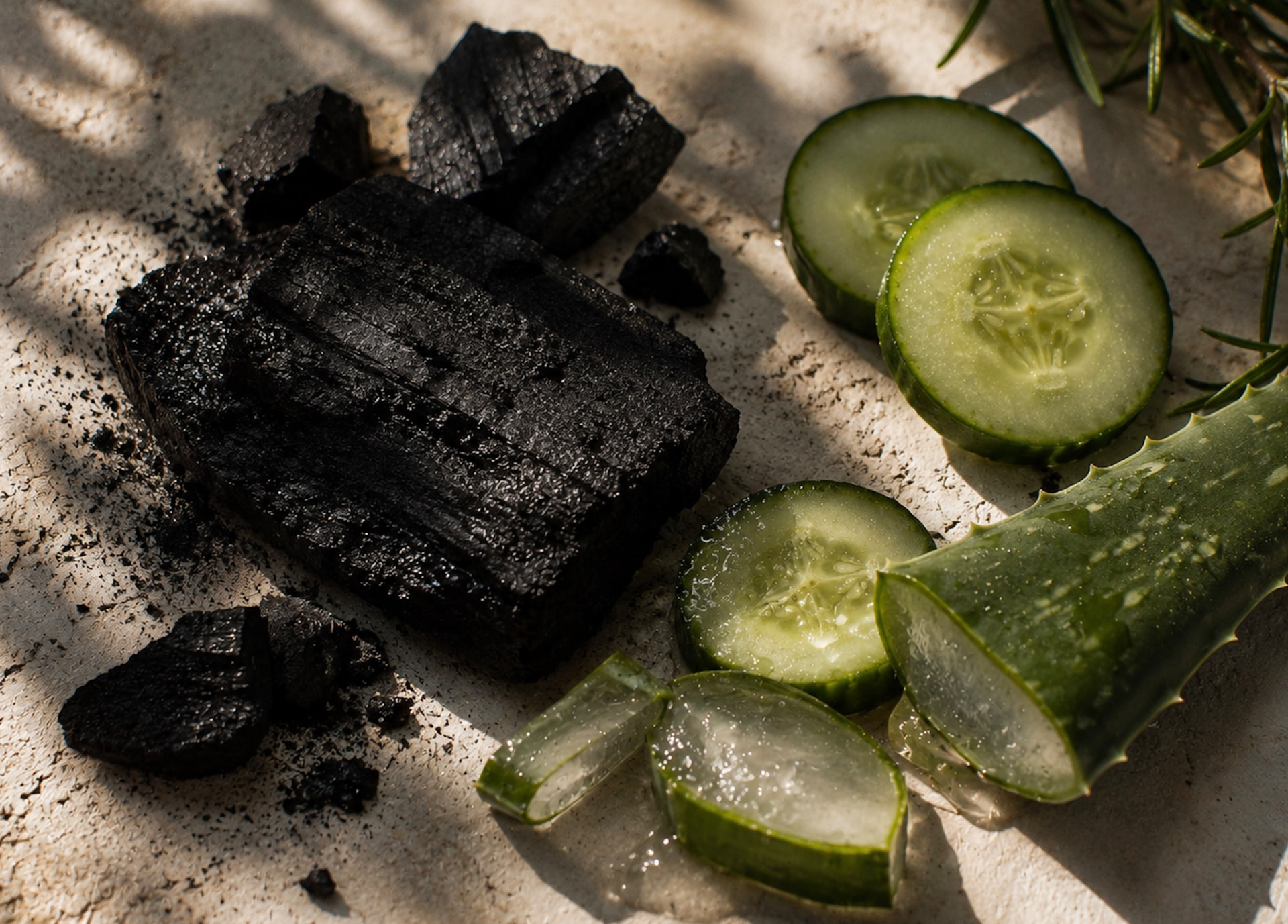 Chunks of activated charcoal beside cucumber slices, aloe vera and rosemary in hard sunlight